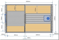 Ściany pokryte gontem bitumicznym: do wyboru kolor: czarny/szary/czerwony/zielony, Drzwi wejściowe drewniane z oknami Podłoga z desek 22 mm Szatnia z drzwiami ze szkła hartowanego, 2 hartowane okna w saunie, 2 ławki wewnątrz sauny i szatni, Piec opalany drewnem Harvia M3 z kamieniami
